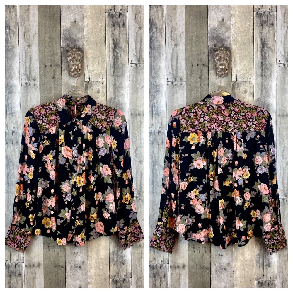 Free People Hold On To Me Floral Print Blouse in Black Combo Size Medium. - Picture 12 of 15